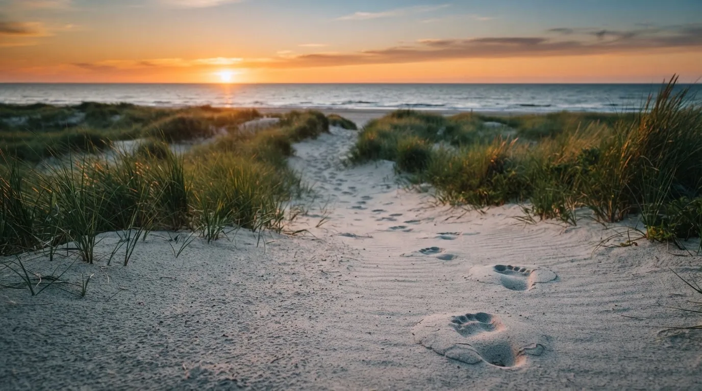 Spuren im Sand führen durch Dünengras auf den Horizont zu, die Sonne steht tief und färbt den Himmel orange.