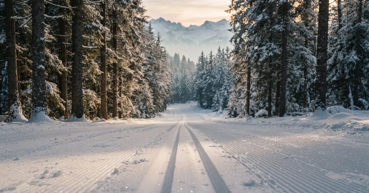 Eine verschneite Langlaufloipe führt durch Tannenwald im Morgenlicht, frische Spuren im Schnee, dahinter Berge im Dunst.