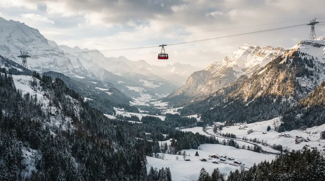 Eine Seilbahnkabine schwebt über einem verschneiten Tal, die Sonne bricht durch die Wolken und beleuchtet die Hänge.