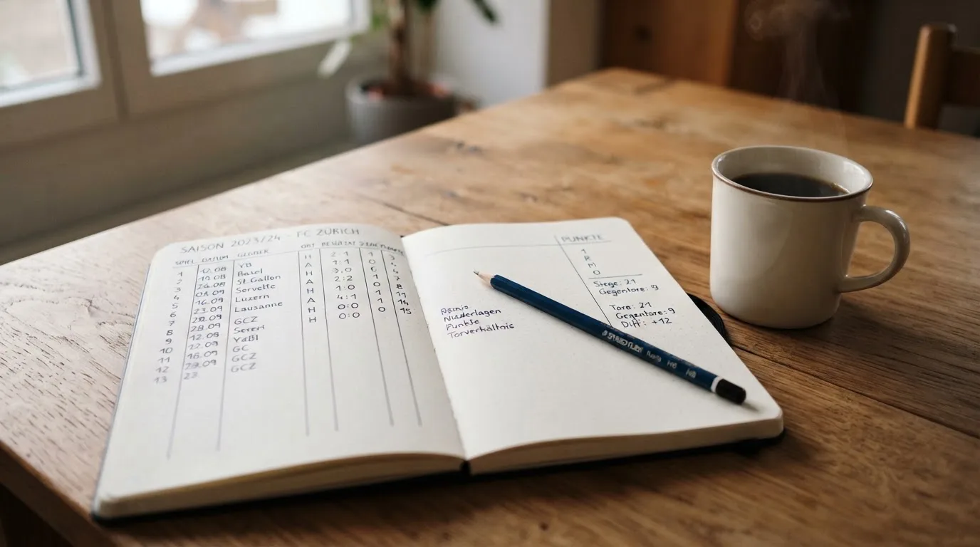 Ein aufgeschlagenes Notizbuch mit handgeschriebenen Spalten und ein Bleistift neben einer Tasse Kaffee auf einem Holztisch am Morgen