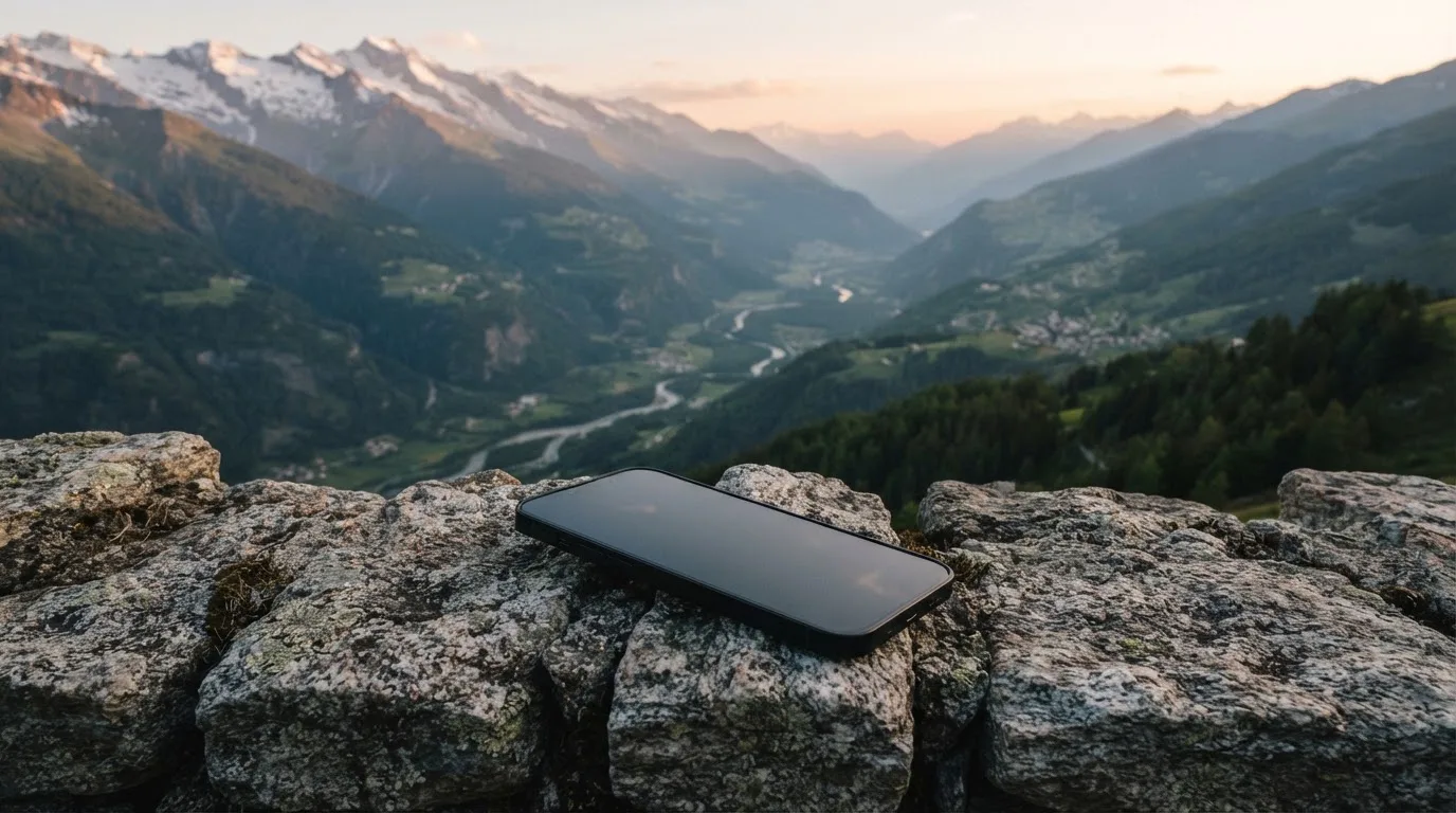 Ein Smartphone mit dunklem Display liegt auf einer Steinmauer, dahinter ein Alpental im Abendlicht
