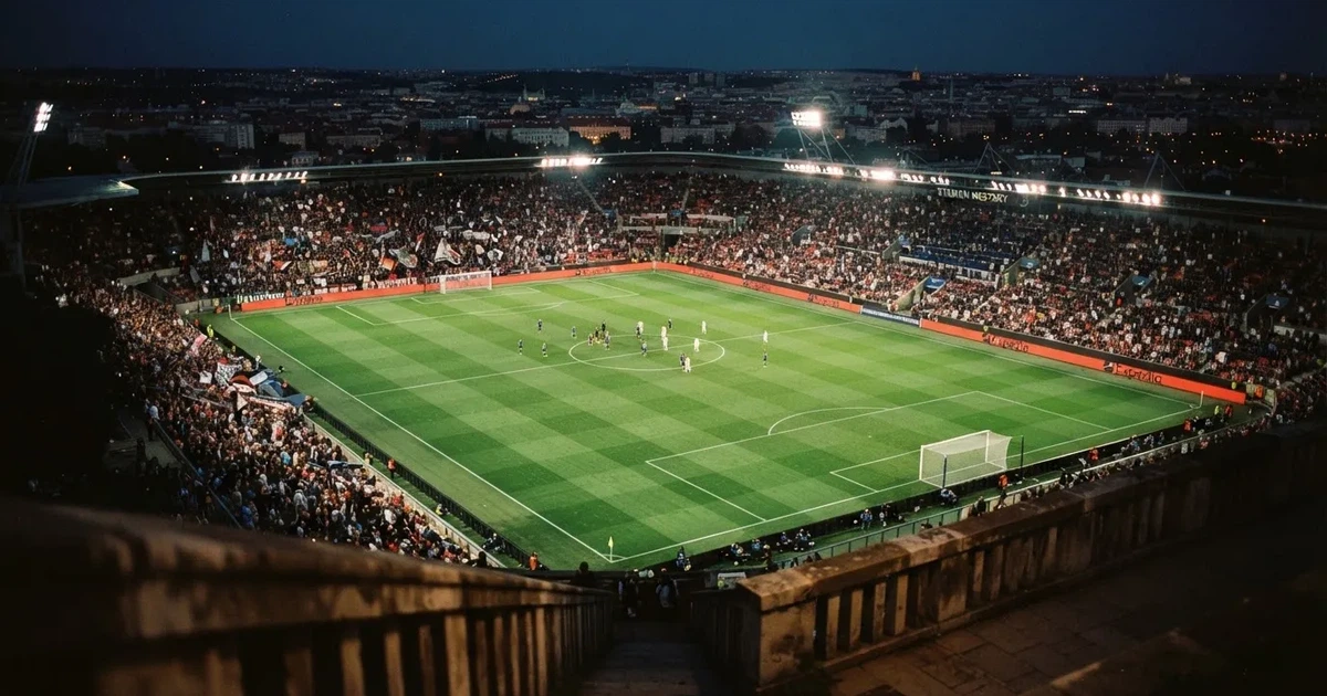 Ein Fussballstadion bei Flutlicht von einer Anhöhe aus gesehen, der Rasen leuchtet grün unter dunklem Abendhimmel
