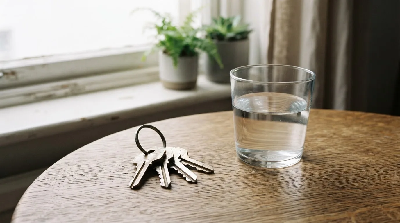 Ein Schlüsselbund und ein Glas Wasser stehen auf einem Holztisch im Licht eines Fensters