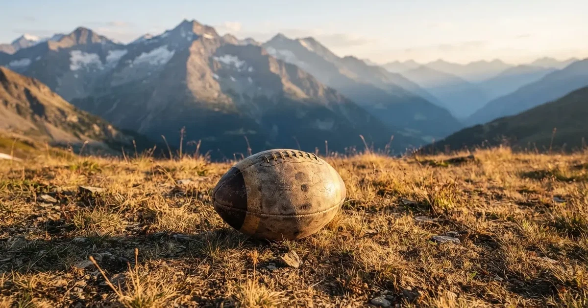 Ein Fussball auf einem staubigen Rasenstück in der Abendsonne, im Hintergrund eine hohe Bergkette