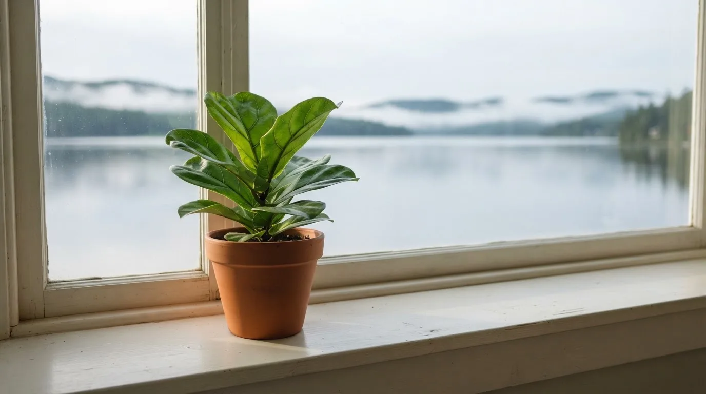 Eine Topfpflanze auf einem Fensterbrett mit weitem Blick über einen stillen See am Morgen