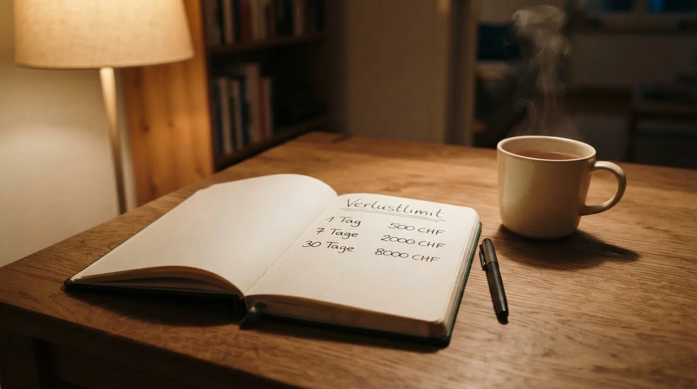 Ein Notizbuch mit handschriftlichen Einträgen und eine Tasse Tee stehen auf einem Tisch neben einer Stehlampe