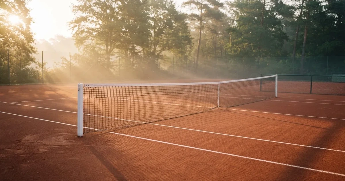Ein Tennisplatz aus Sand bei Sonnenaufgang mit gespanntem Netz, Nebel zwischen den Bäumen am Rand
