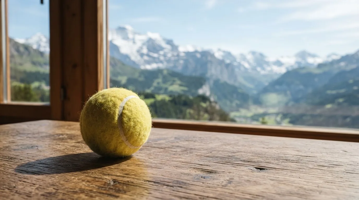 Ein einzelner gelber Tennisball liegt auf einem Holztisch vor einem Fenster mit Alpenblick