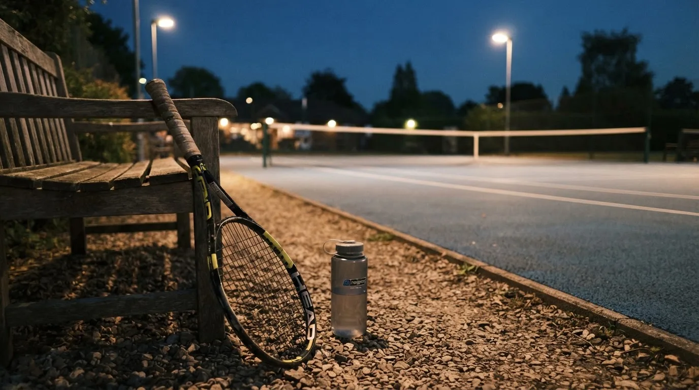 Ein Tennisschläger lehnt an einer Bank neben einer Wasserflasche, am Abend ruht der Platz im Flutlicht, aus der Ferne gesehen