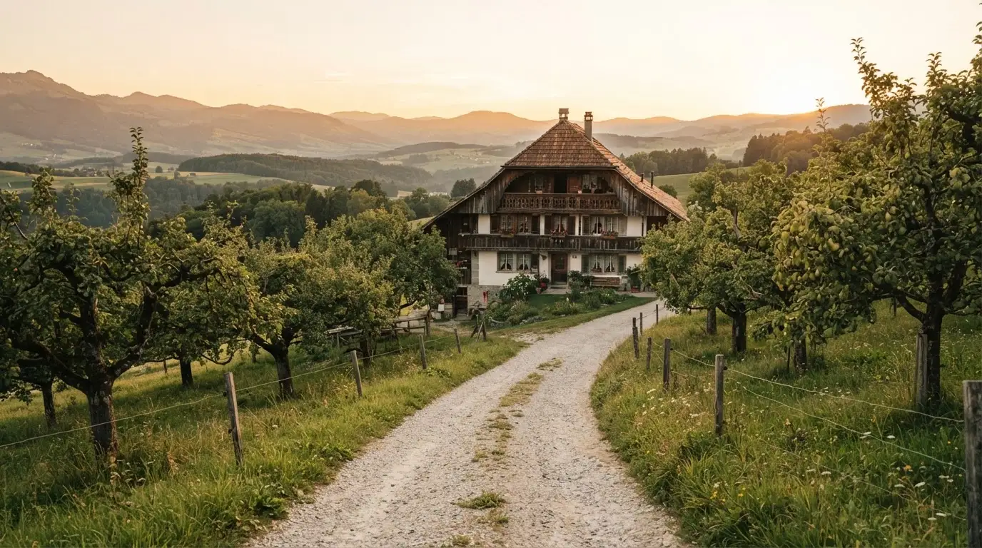 Ein Kiesweg führt durch einen Obstgarten zu einem Bauernhaus mit Holzbalkon, über dem Tal liegt Abendlicht