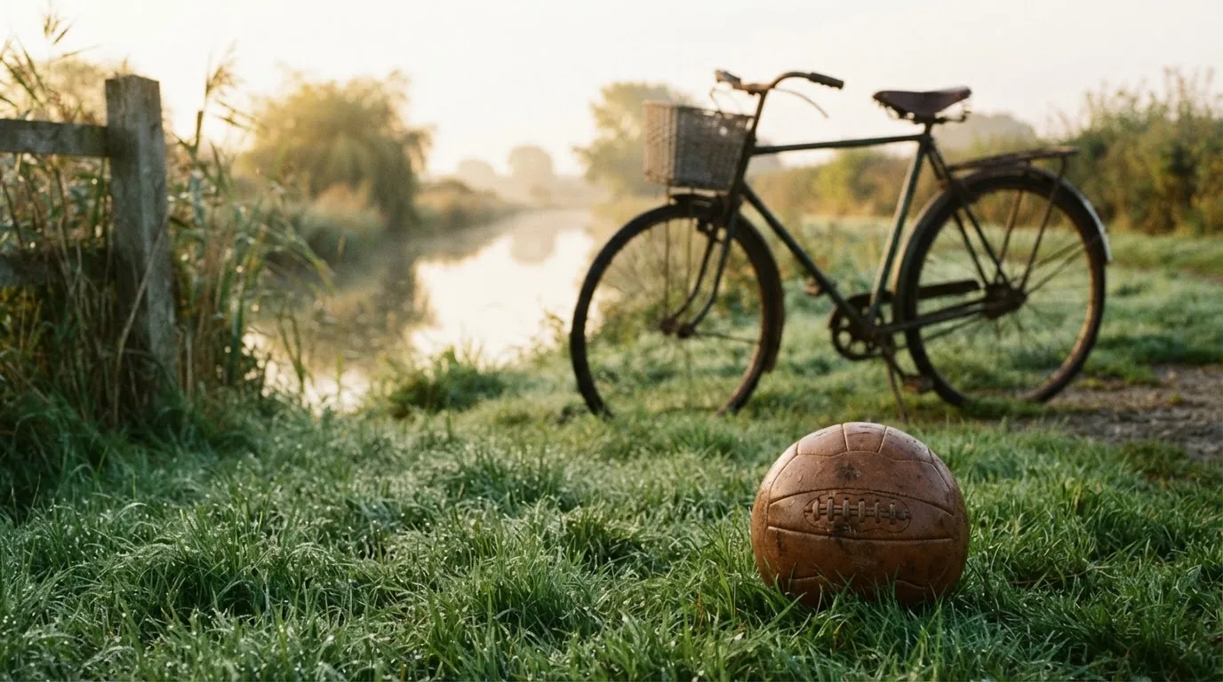 Ein Fussball liegt auf einer Wiese neben einem Fahrrad, im Hintergrund ein Kanal im Morgenlicht