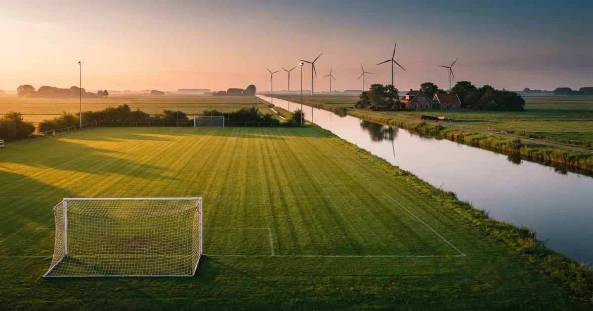 Ein Fussballplatz neben einem Kanal in flachem Land mit Windrädern am Horizont, Abendlicht liegt über dem Rasen