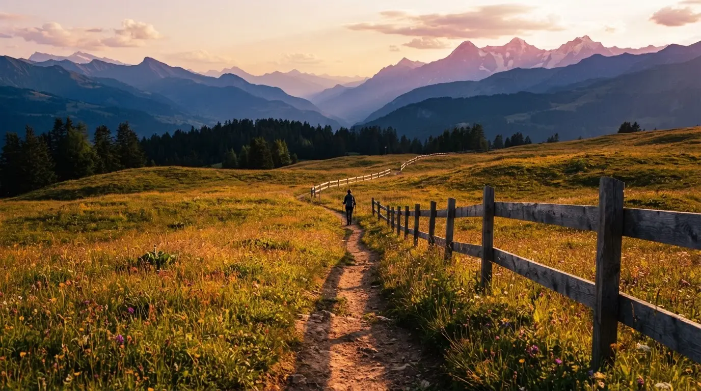 Ein Wanderweg führt durch eine Almwiese im Sonnenuntergang, am Wegrand steht ein Holzzaun