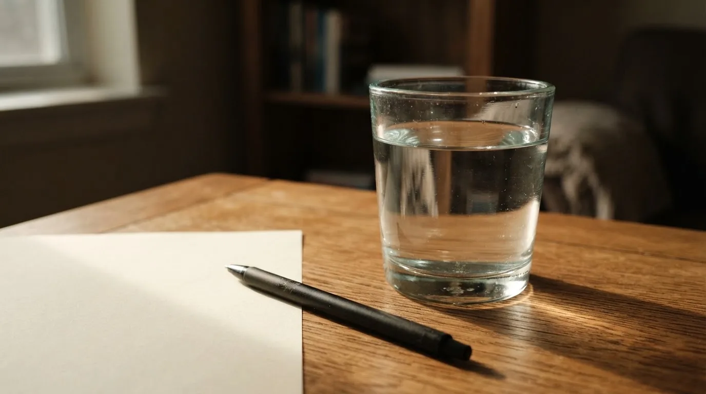 Ein Glas steht bis zum Rand gefüllt auf einem Holztisch, daneben ein Kugelschreiber und ein leeres Blatt Papier im Seitenlicht.