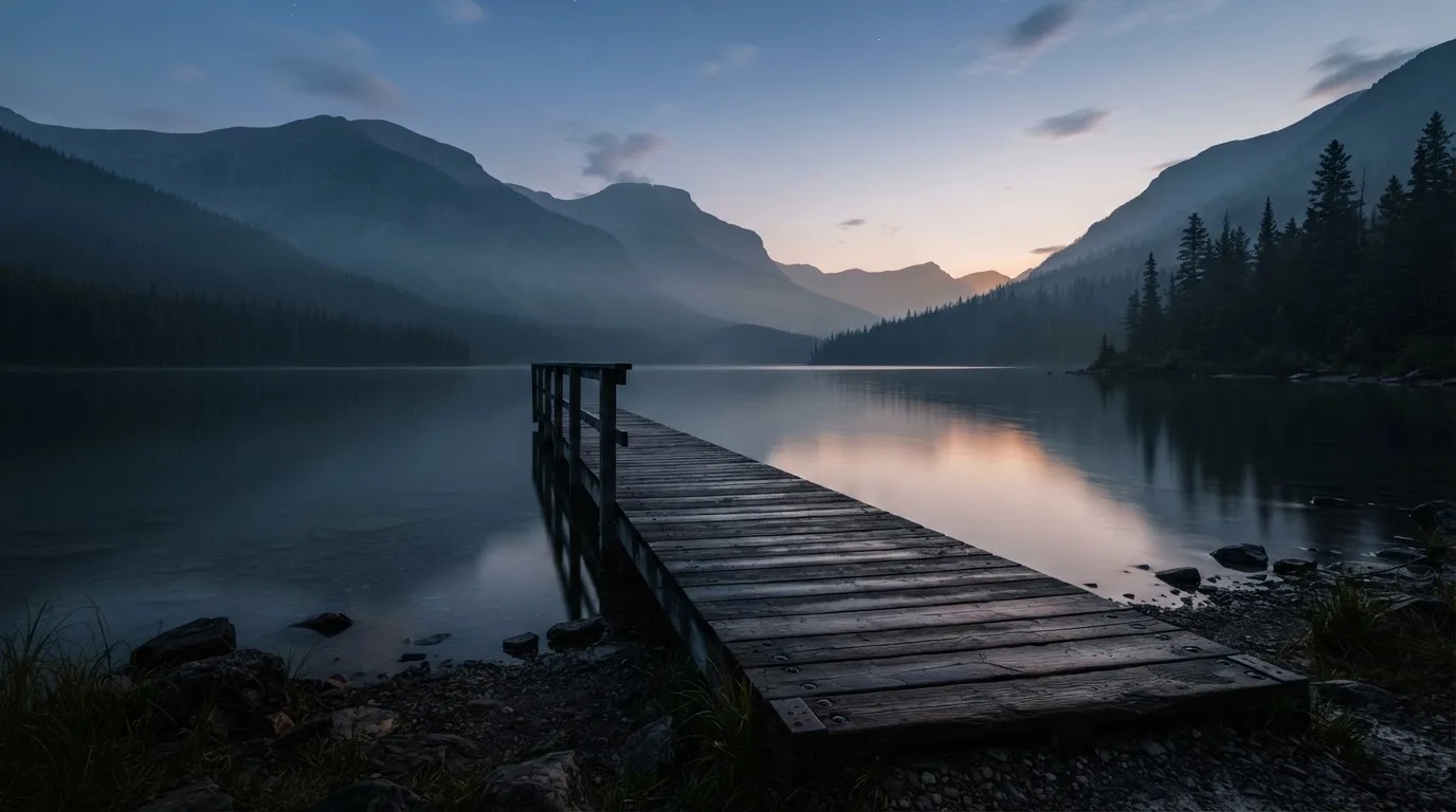 Ein Bergsee in der Dämmerung mit einem leeren Holzsteg, die Wasseroberfläche ist ruhig und Nebel zieht über die Hänge.