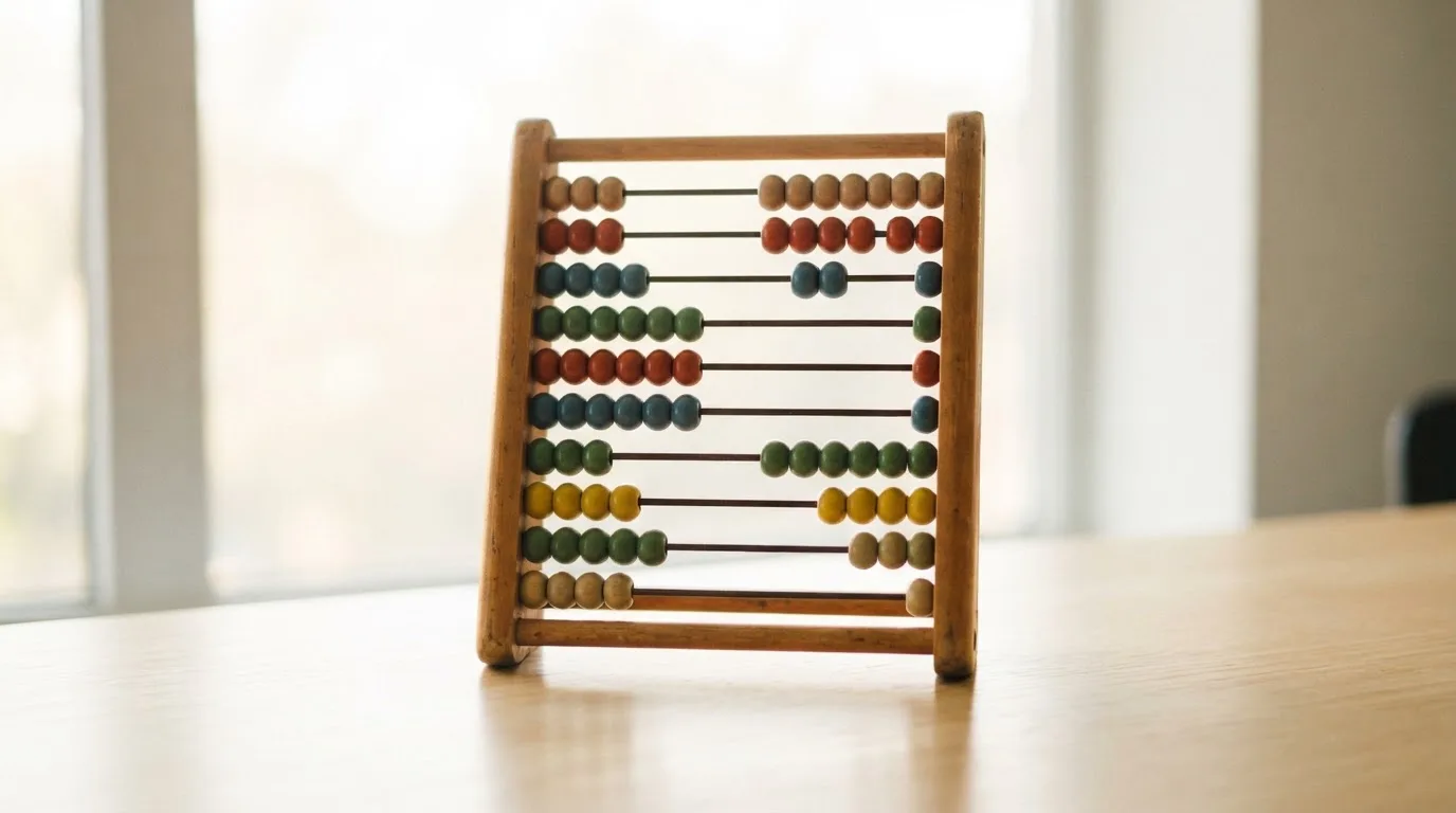 Ein Abakus mit bunten Holzperlen steht auf einem hellen Schreibtisch vor einem unscharfen Fenster.