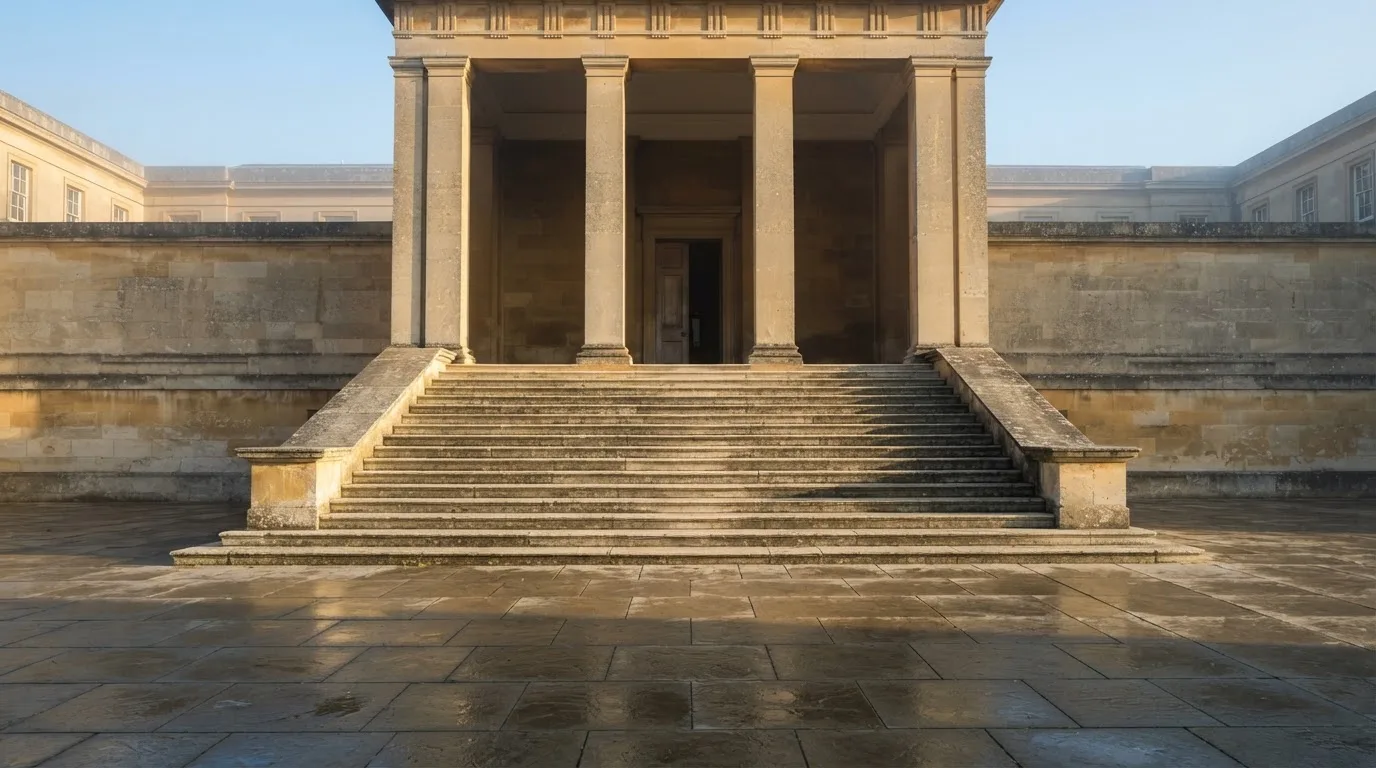 Eine steinerne Treppe führt zu einem Portal mit Säulen im Morgenlicht, der Platz davor ist leer.