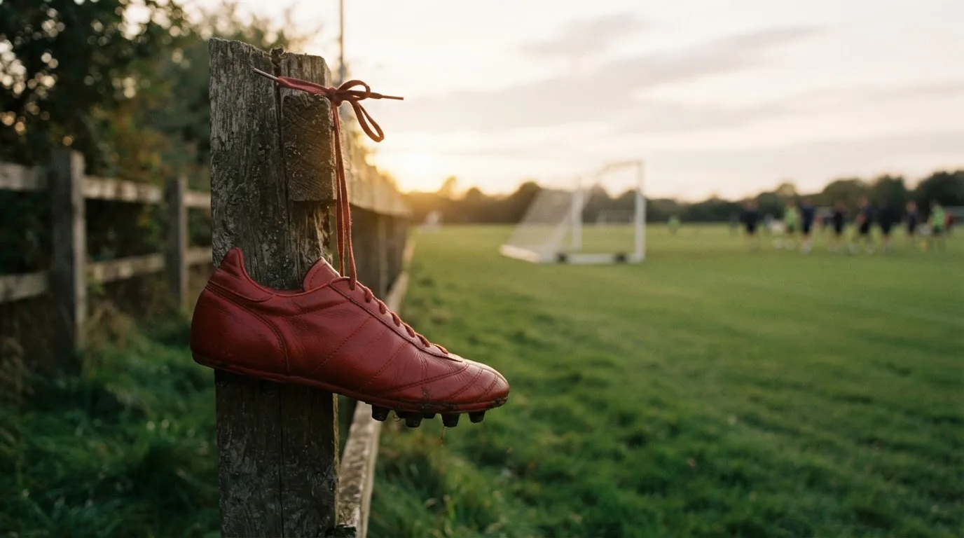Ein Fussballschuh hängt an den Schnürsenkeln an einem Zaunpfosten neben einem Trainingsplatz im Abendlicht.