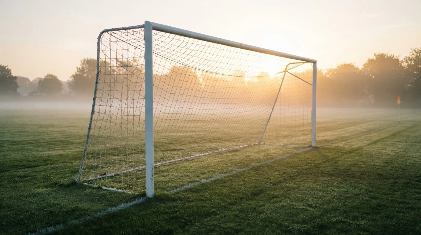 Ein Torpfosten mit Netz steht im Gegenlicht auf einem leeren Fussballplatz, über dem Rasen liegt Nebel.